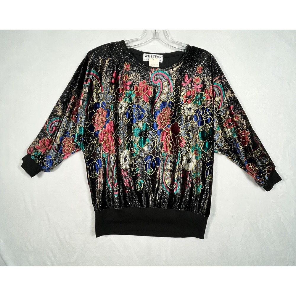 Vintage Western Connection Womens L Top Black Batwing Floral Colorful 80s NWT